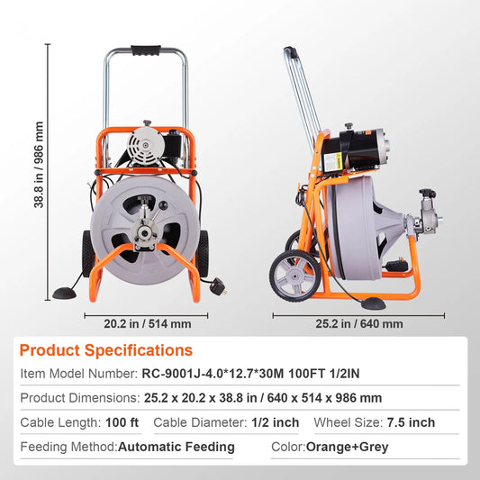 KFFKFF Drain Cleaning Machine, 100FT x 1/2 Inch, Self-feeding, Mobile Drain Auger with 8 Blades & Pneumatic Foot Pedal, Ideal for 2"-4" Pipes