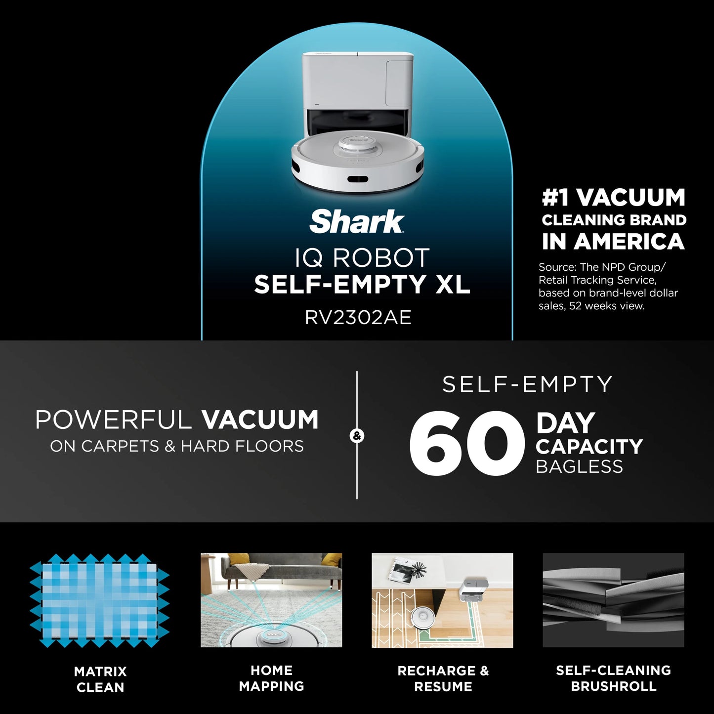 Shark® Matrix�?IQ Robot Vacuum, Bagless 60 Day Capacity Base, Multi-Surface Cleaning, Self Emptying, Home Mapping, RV2302AE