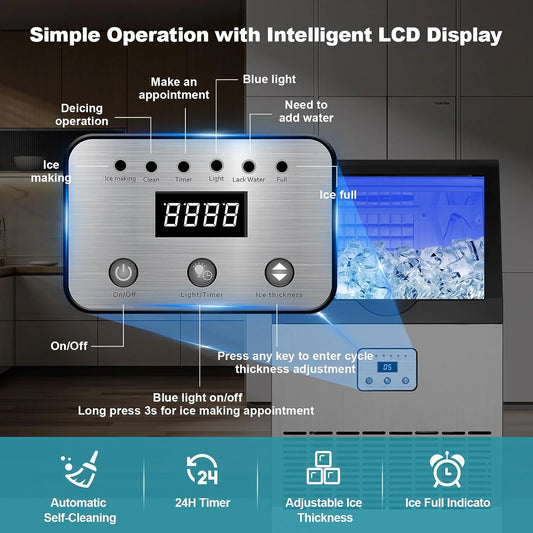 Ice Maker Machine 100lbs/24H Auto Self-Cleaning LED Digital Display Blue Light Under Counter Freestanding