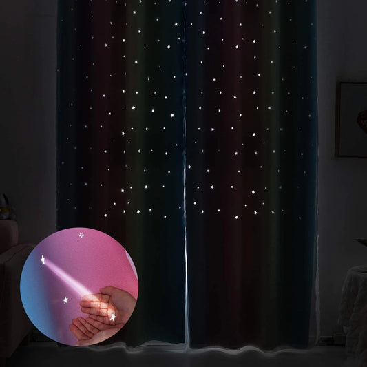 Anjee 2 Panels Blackout Stars Curtains for Girls Bedroom, Colorful Double Layer Rainbow Window Wall Home Decoration Curtains,52 x 63 Inches,Multicolor