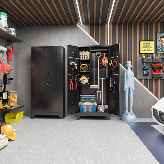 Metal Storage Cabinet with Locking Doors & Shelves, Outdoor Storage, Heavy Duty Cleaning Tool Organizer for Garage, Office, Warehouse