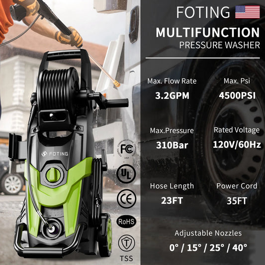 FOTING Electric Pressure Washer, 4500 PSI 3.2 GPM Power Washer with 4 Quick Connect Nozzles, High Pressure Cleaning Machine with Foam Cannon for Cars/Fences/Driveways/Patios/Home Cleaning