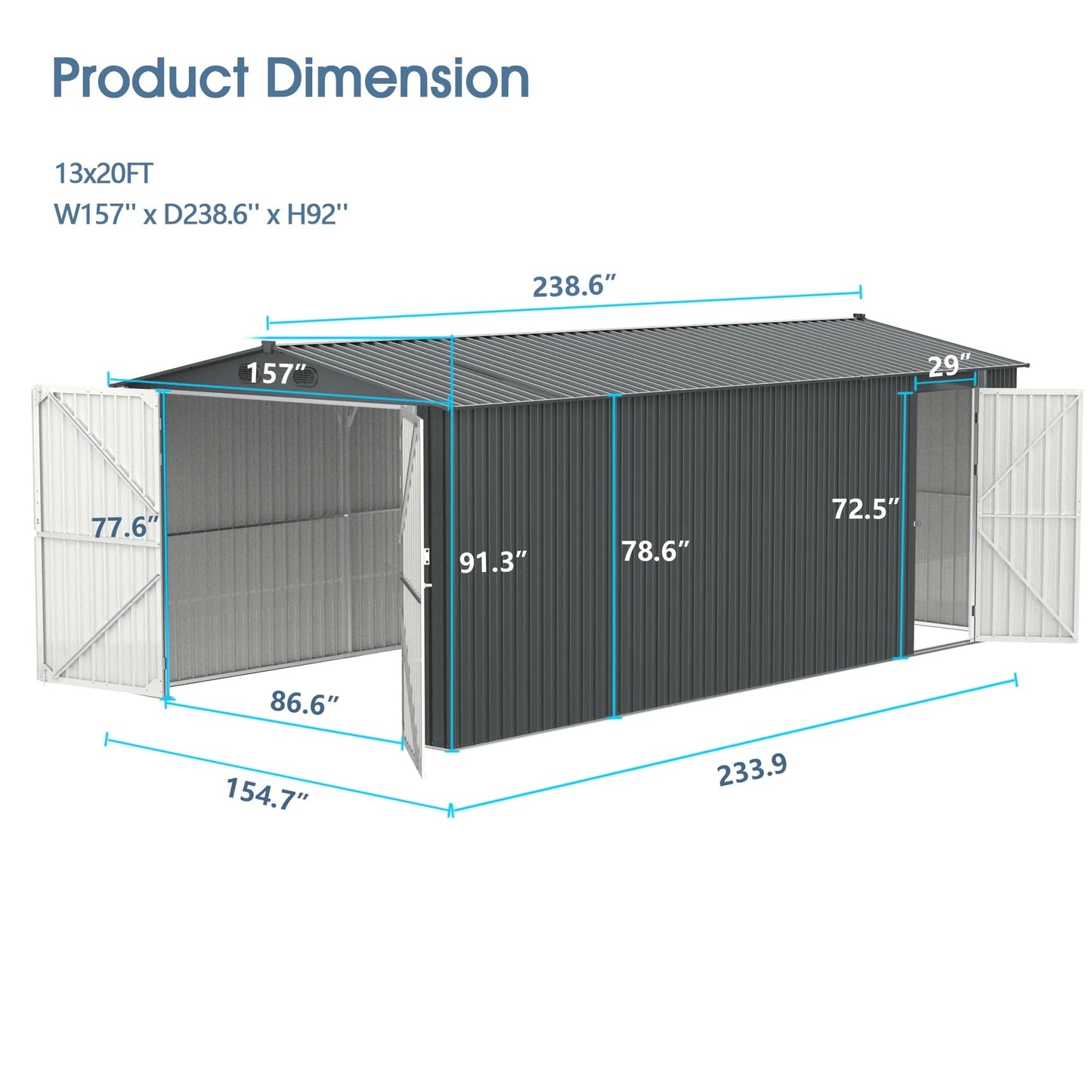 Chery Industrial 13 Ft. X 20 Ft. Dark Grey Metal Garden Storage Shed Building Car Garage