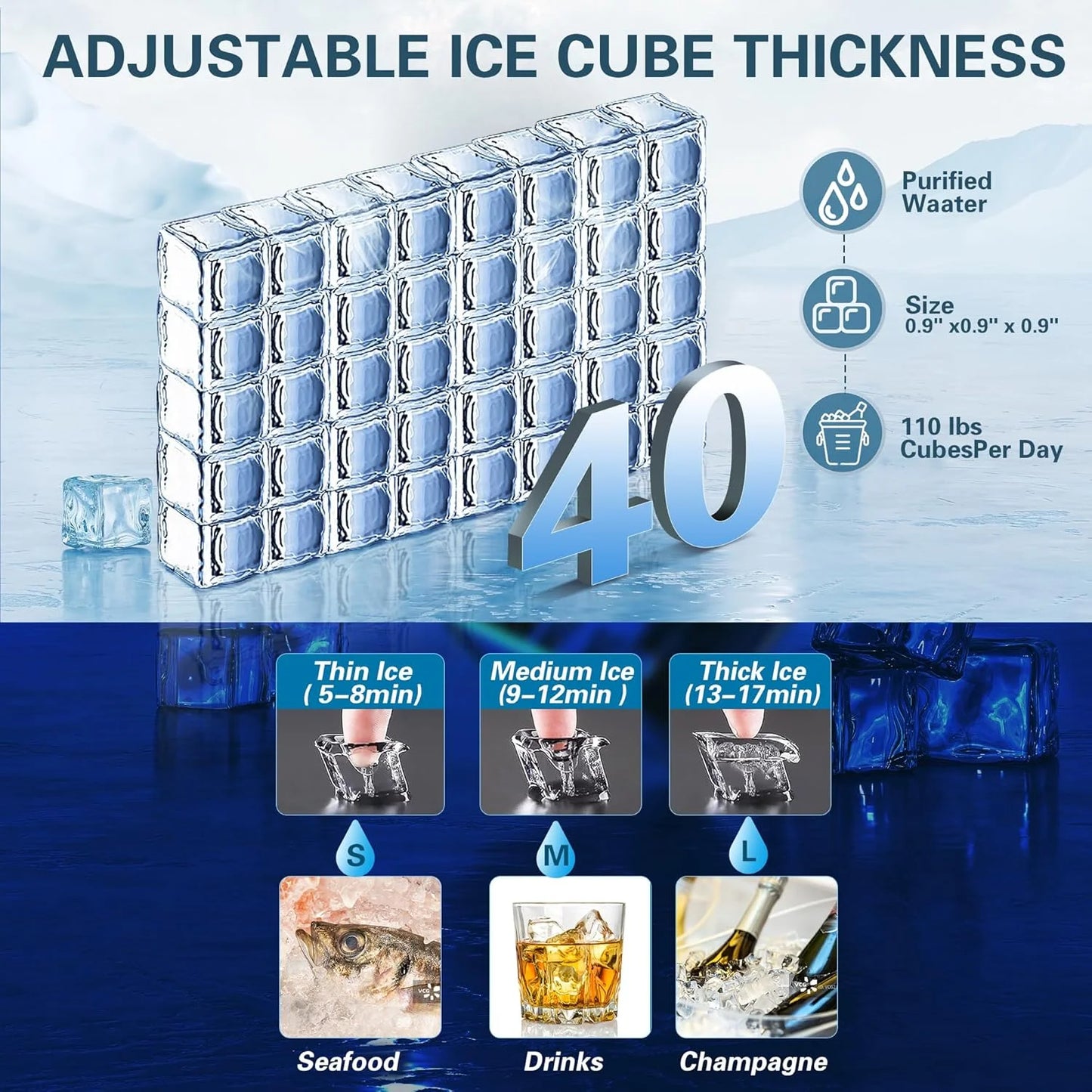 Commercial Ice Maker Machine 120LBS/24H Ice Maker, Stainless Steel Freestanding Ice Machine with 33LBS Storage Capacity, Self-Cleaning, 2 Water Inlet Modes,Ideal for Restaurant,Home,Bar