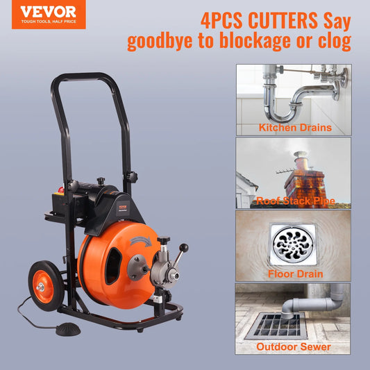 VEVOR Drain Cleaning Machine 50 FT x 1/2 Inch, Sewer Auger Auto Feed with 4 Cutter & Air-activated Foot Switch for 1" to 4" Pipes, Orange, Black