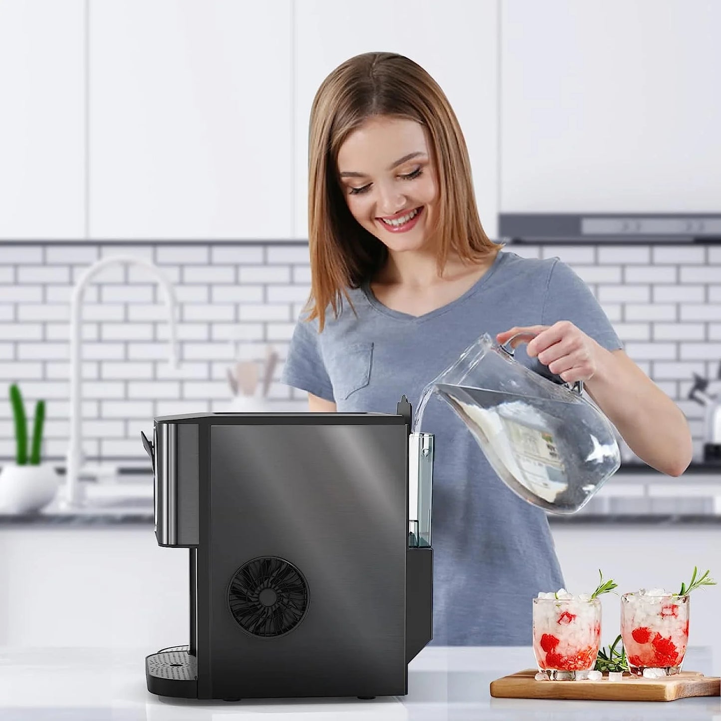 Auseo Soft Chewable Nugget Ice Maker Countertop, 44lbs /24H, Self-Cleaning, One-Button Operation, Home/Kitchen/Office/Party, Silver