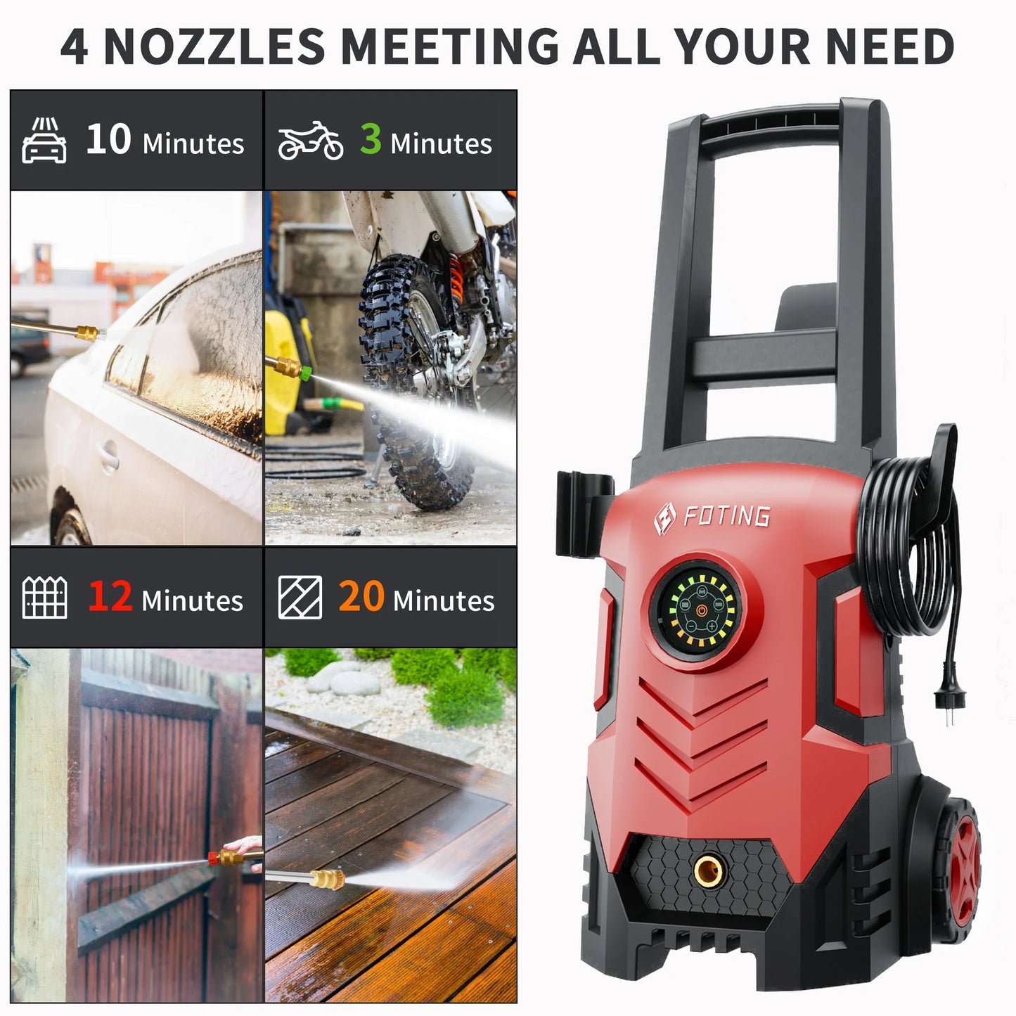2025upgraded Electric Pressure Washer with Touch Screen, 5000PSI Max 3.3GPM��Adjustable 8 Level,4 Quick Connect Nozzles, Inlet Hose & Filter& Foam Cannon for Cars/Fences/Driveways/Home Cleaning