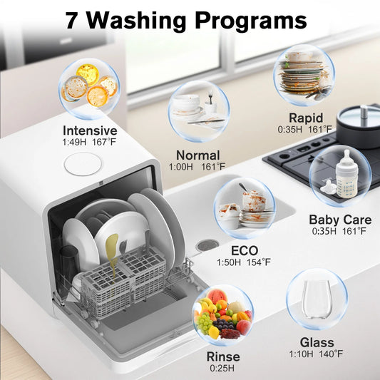 Advwin Portable Countertop Dishwasher with Upgraded 24H Delay Cleaning and 7 Programs,��5L Water Tank& 360��Dual Spray, High-Temp for Apartments & RVs, No Installation Needed