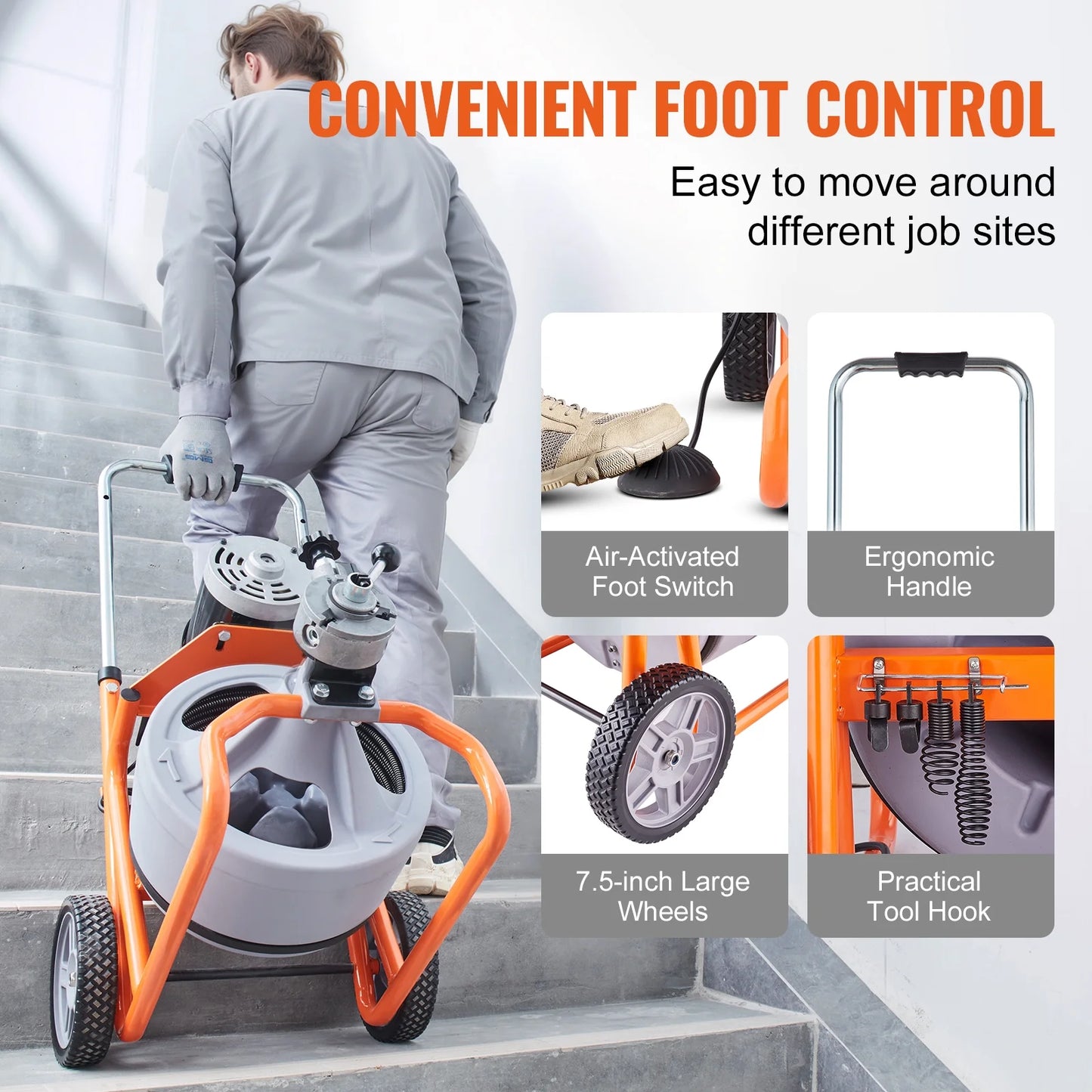VEVOR Drain Cleaner Machine 100FT x 3/8 Inch, Auto Feed Sewer Snake Drain Auger on Wheels, Portable Drain Cleaning Machine with 8 Cutters & Air-activated Foot Switch for 2" to 4" Pipes