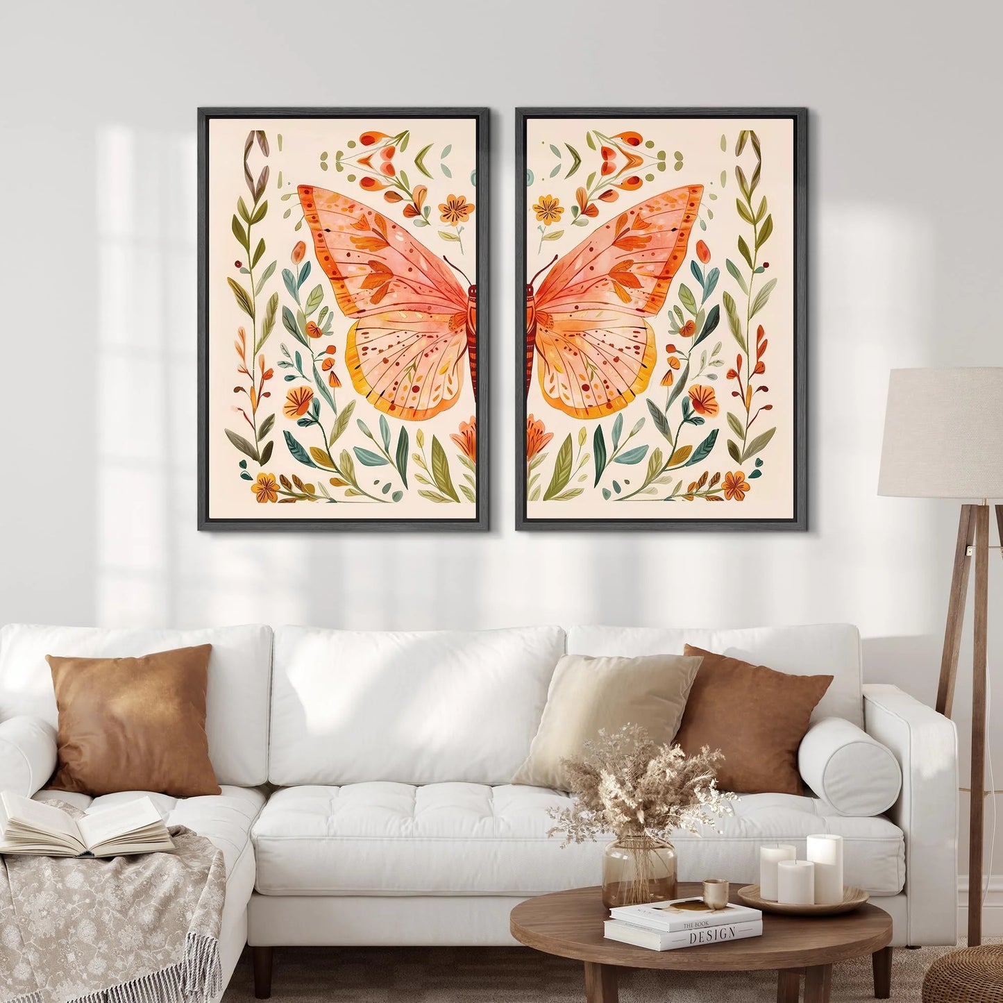 IDEA4WALL Framed Canvas Print Wall Art Set Whimsical Butterfly and Florals Illustration Abstract Botanical Boho Modern Art Wall Decor Colorful Chic Artwork for Home Decor - Natural 24"x36"x2