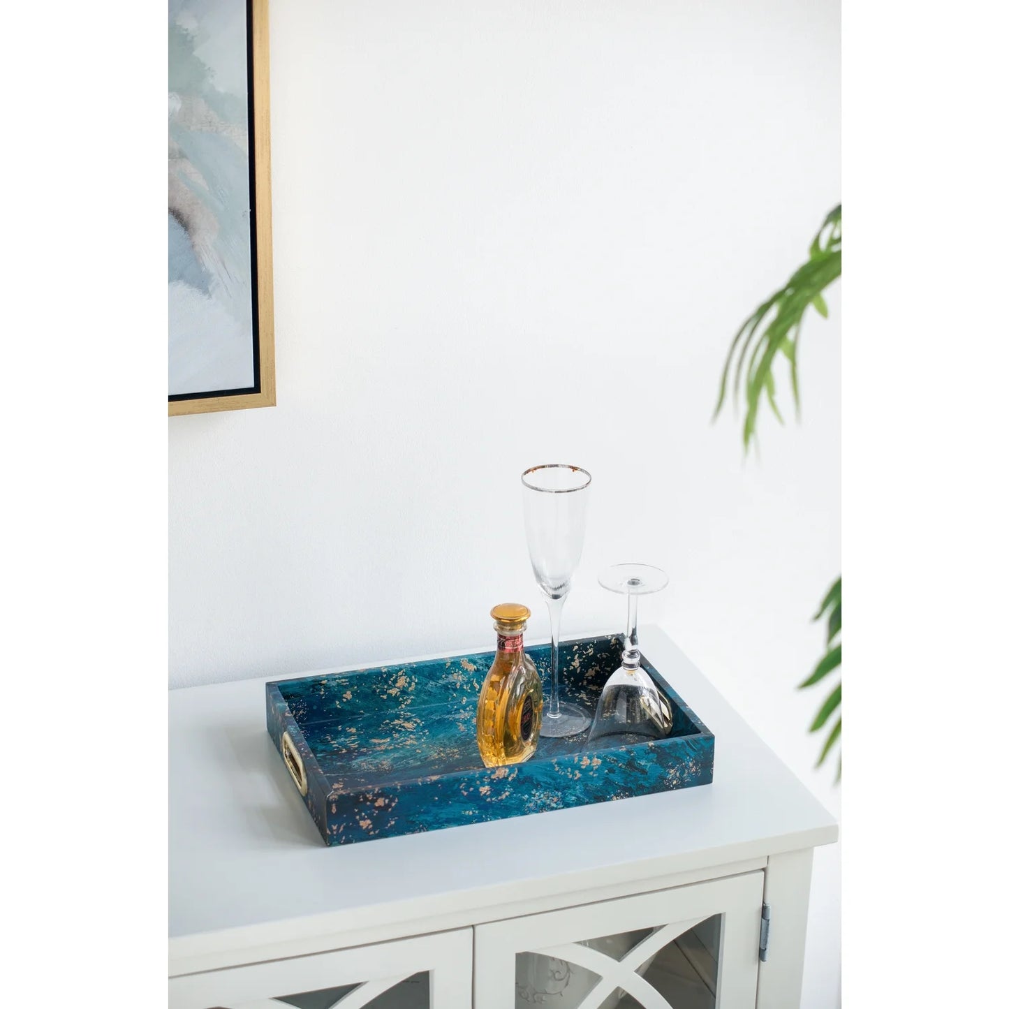 A&B Home Decorative Tray with Handles - Modern Minimalist Style Faux Leather Set of 2 Perfume Tray for Ottoman Couch Centerpiece Table D??cor, Blue