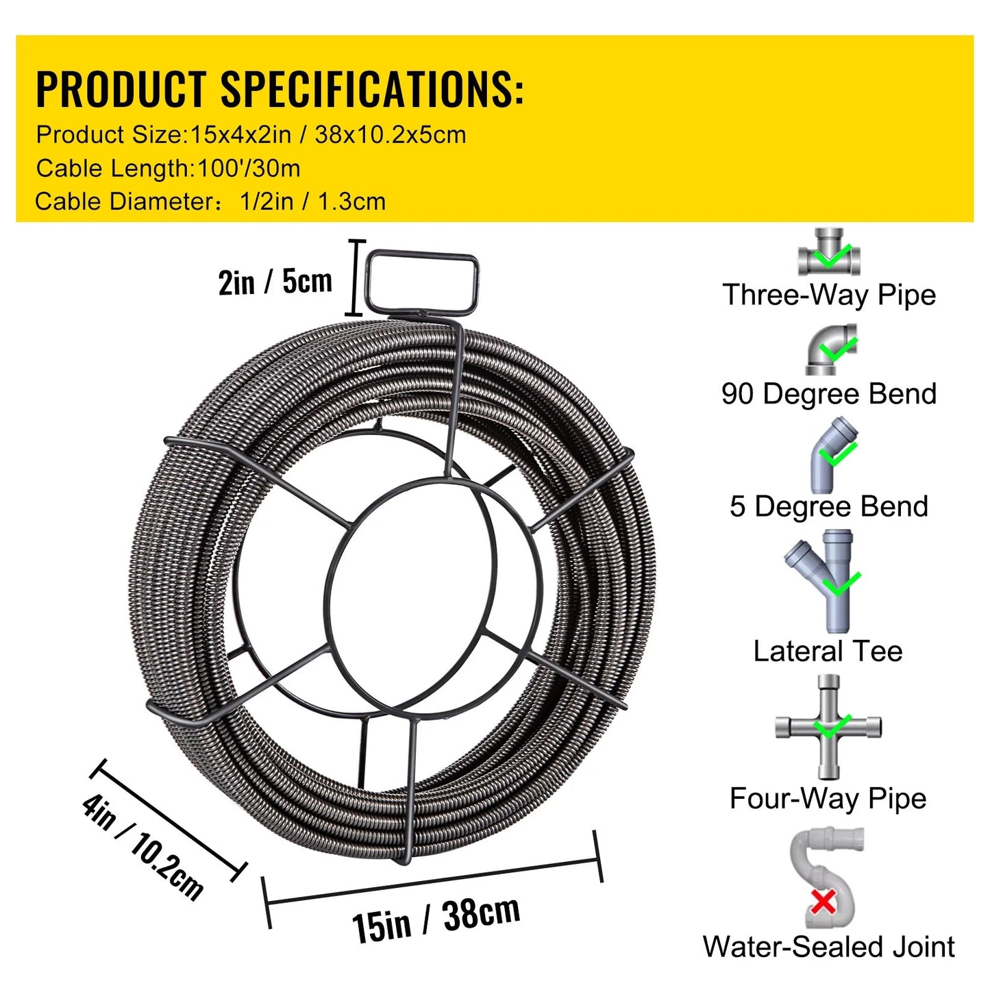 KFFKFF 100 Ft x 1/2 In Solid Core Sewer Line Cleaning Cable, Efficient Pipe Auger Snake for Clog Removal