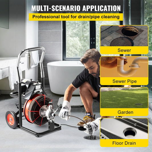 BENTISM Drain Cleaner Machine 100 ft x 1/2 in Drain Cleaning Machines 550W Electric Drain Auger 1700 r/min for 2" to 4" Pipes Electric Drain Snake Sewer Snake Drill