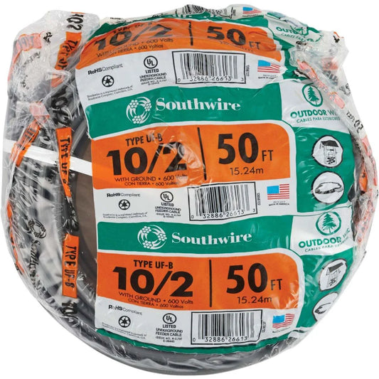 Romex 10/2UF-WGX50 Building Wire, #10 AWG Wire, 2 -Conductor, 50 ft L, Copper Conductor, PVC Insulation