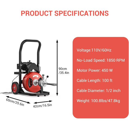 Roromall 75FT 100FT Electric Drain Cleaning Machine with 1/2-inch 3/4-inch Cable, 450W Auto Feed Portable Sewer Snake, Air-Activated Foot Switch, 4 Interchangeable Cutters for 2" to 4" Pipes
