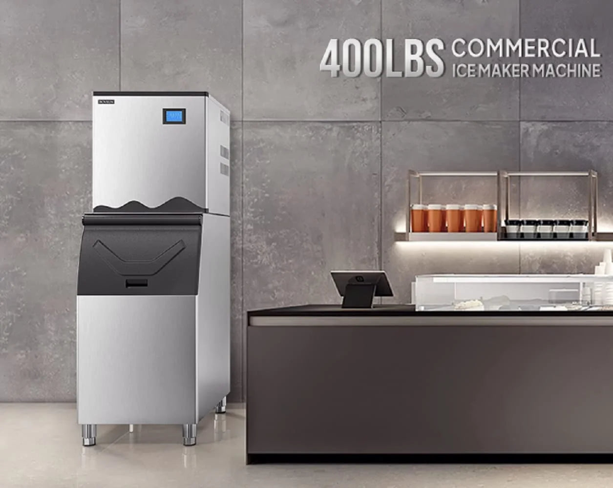 ROVSUN 400LBS/24H Commercial Ice Maker Machine, Commercial Ice Machine with LCD Touch Control Panel, Automatic Cleaning & 265LBS Storage Bin for Restaurant Bar Coffee Shop Home Supermarket