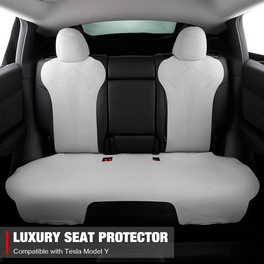 Ikon Motorsports Seat Cover Cushions Compatible With 2020-2024 Tesla Model Y 4-Door, V1 Style White Suede Leather 1st 2nd Row 5-Seat Seat Cover Cushion Protectors