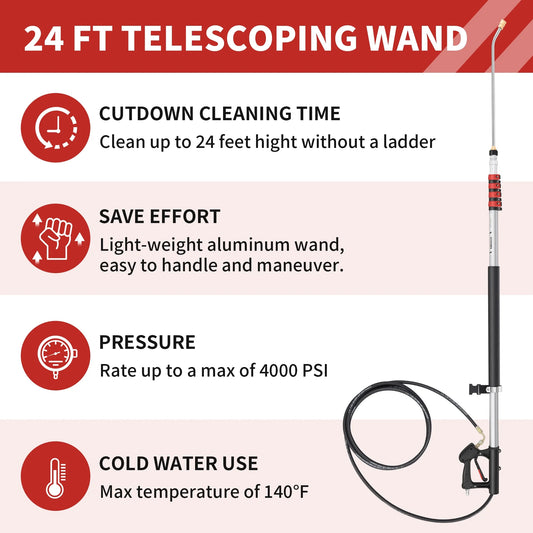 24 FT Gutter Cleaning Tools from The Ground - Telescoping Pressure Washer Wand - Gutter Cleaner Attachment with Power Washer Extension Wands, Brush, 7 Spray Nozzle Tips, 2 Hose Adapters, Support Belt