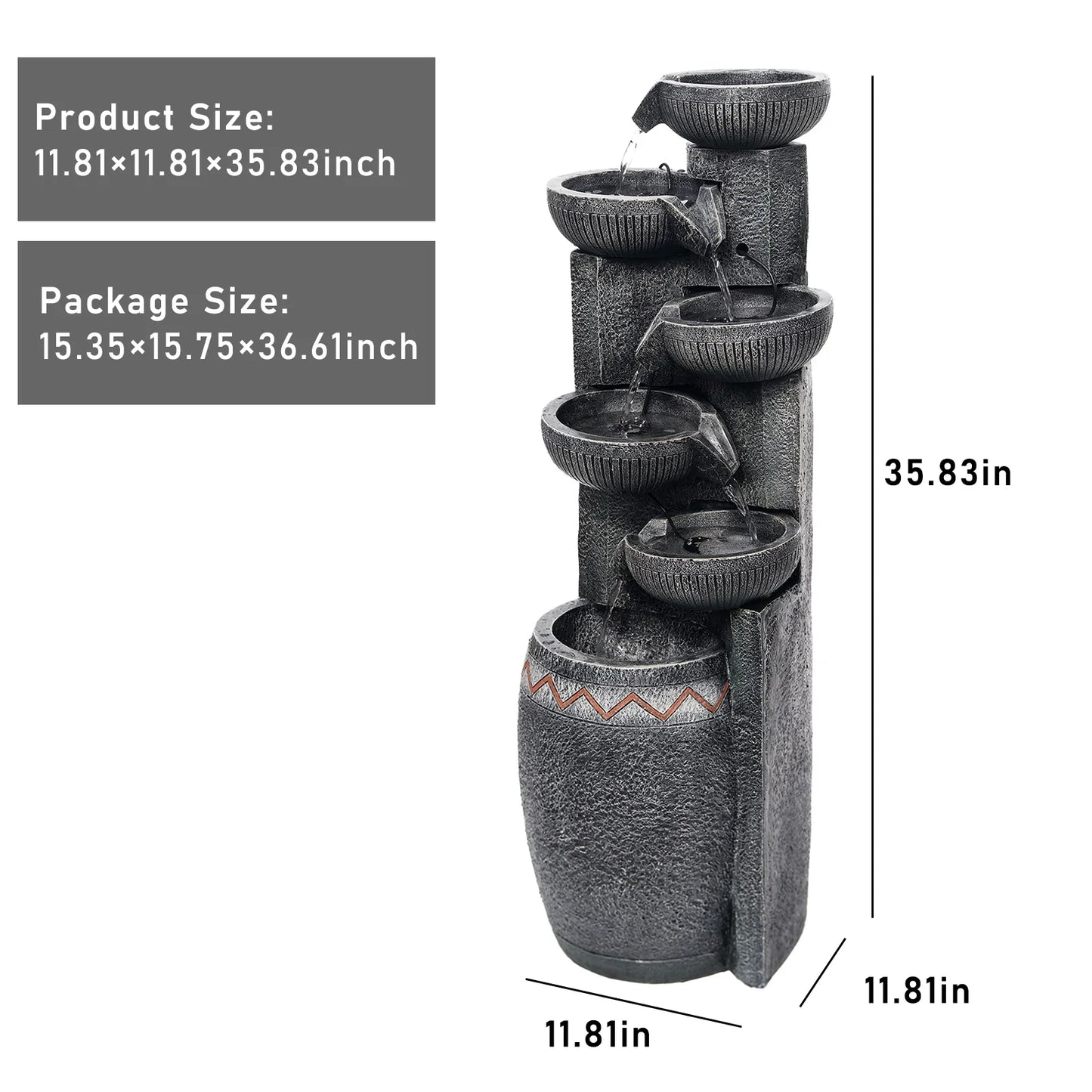 35.83''H Outdoor Indoor Garden Water Fountain 6-Tiers Modern Floor Standing Water Feature Waterfall Fountains with LED Lights for Yard Porch Deck Patio Home Decor