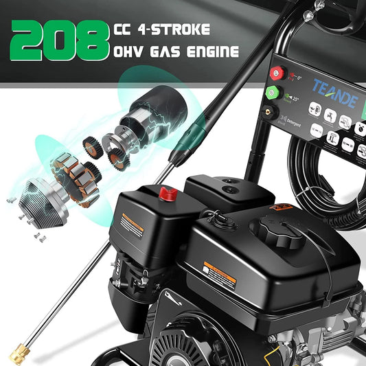 TEANDE Gas Pressure Washer Powered, 2.6 GPM 209cc 7.0 HP Power Washer with 3 Quick-Connect Nozzles, 25’ Hose for Cars, Driveway, Patio, Siding, Fence Cleaning