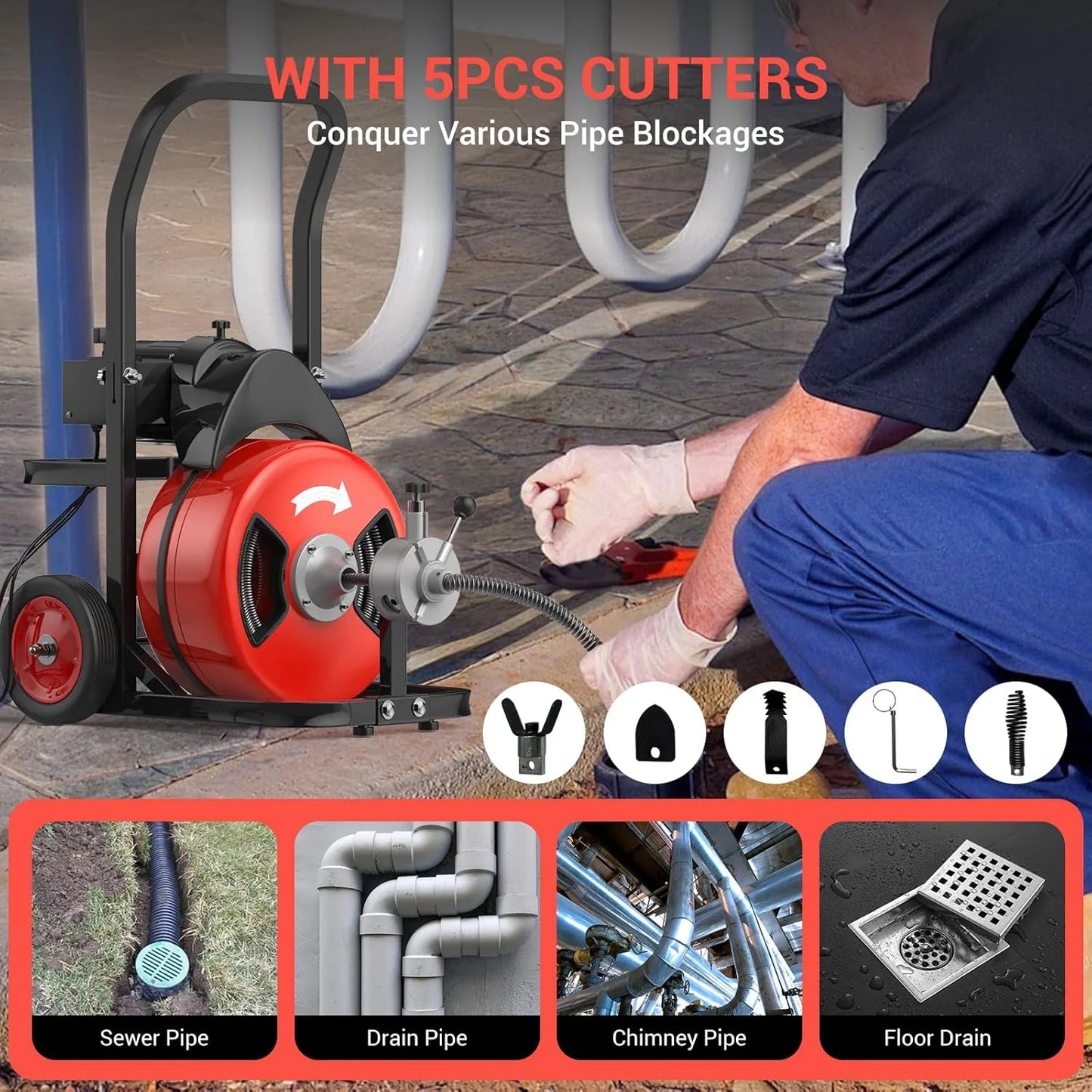 Roromall 75FT 100FT Electric Drain Cleaning Machine with 1/2-inch 3/4-inch Cable, 450W Auto Feed Portable Sewer Snake, Air-Activated Foot Switch, 4 Interchangeable Cutters for 2" to 4" Pipes
