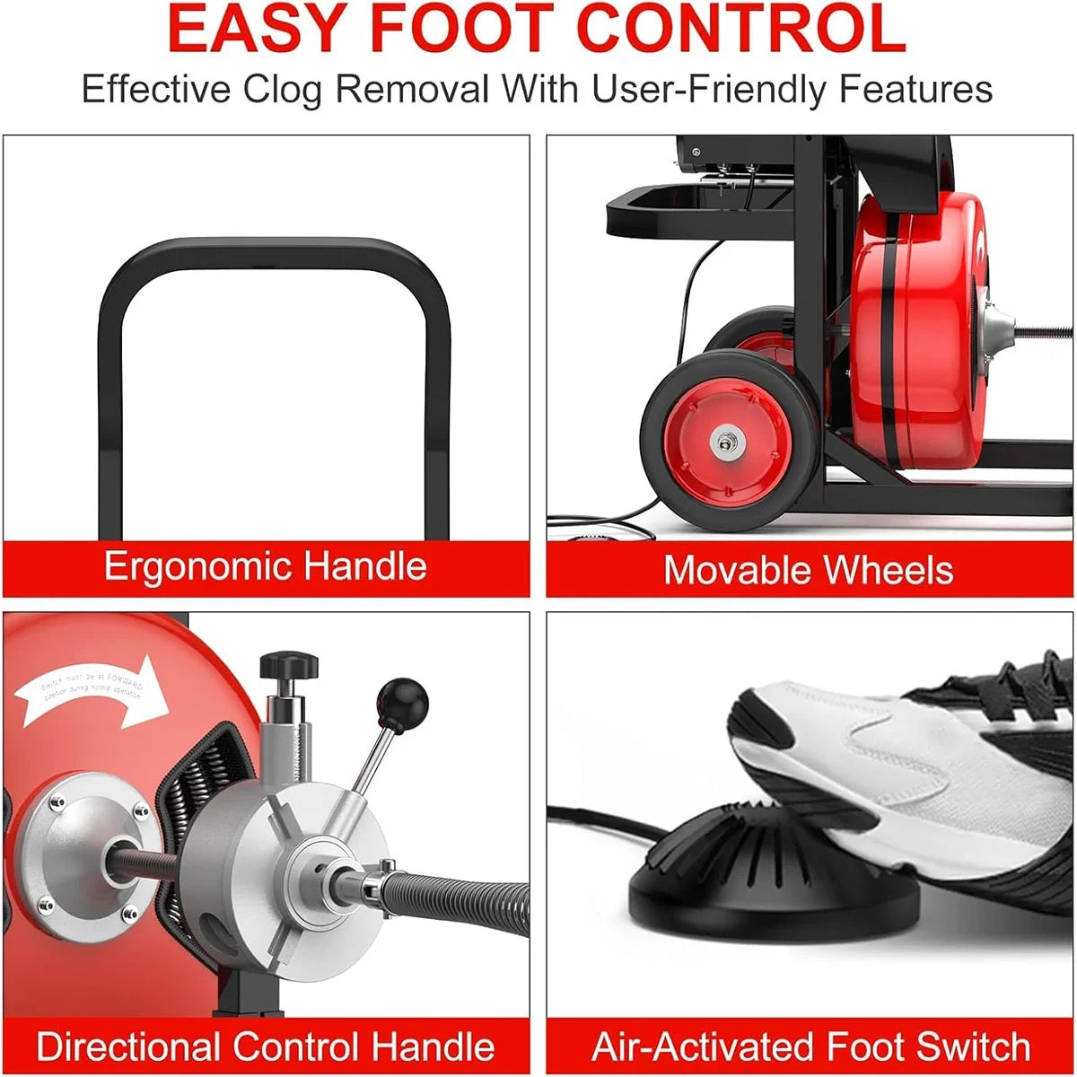 Kselythan 75 FTx1/2 Inch Drain Cleaning Machine, Auto Feed Sewer Snake Drill with Wheels, Pipe Spiral Cleaner with 4 Cutters and Pneumatic Foot Switch, for 2" to 4" Pipes