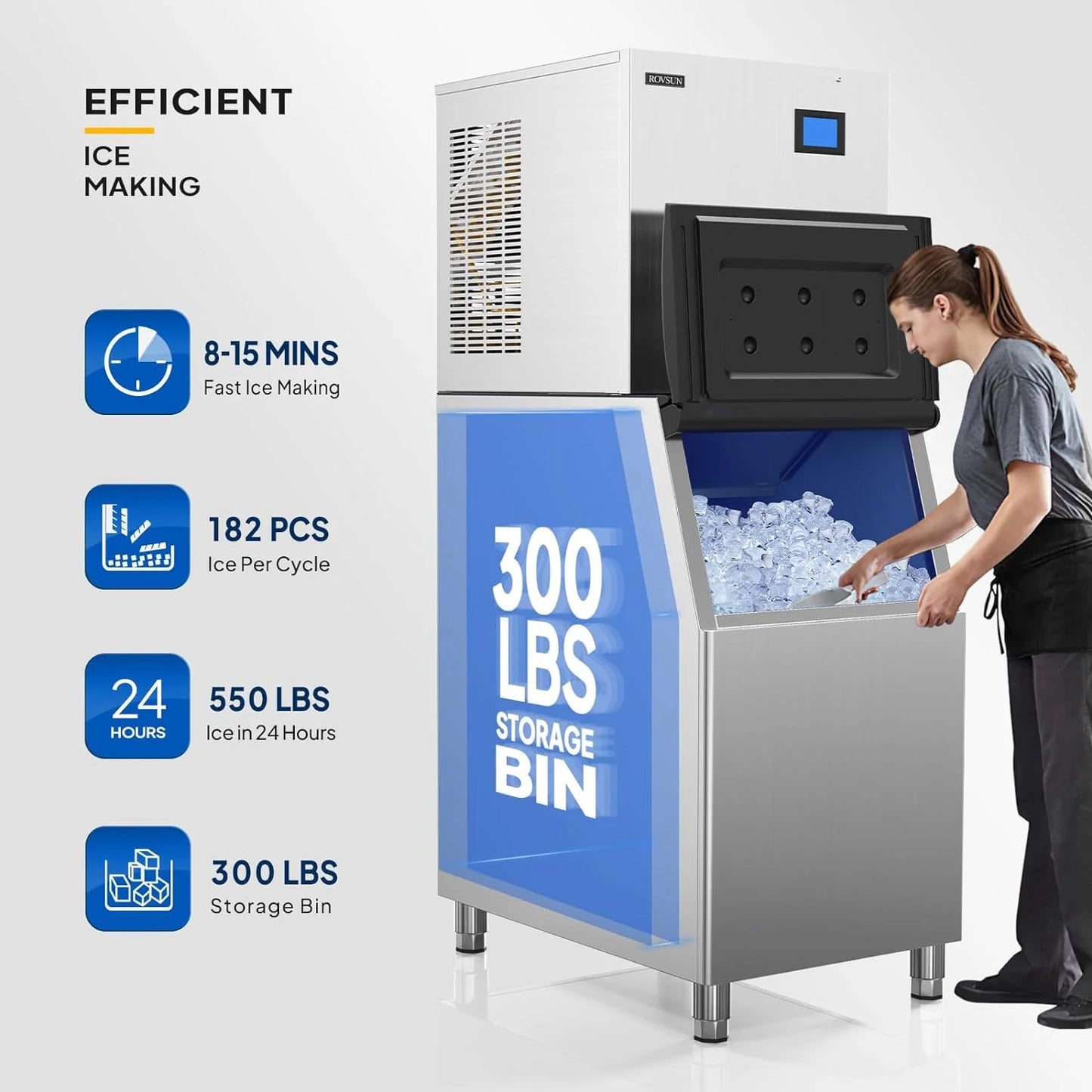 ROVSUN 400LBS/24H Commercial Ice Maker with 300LBS Storage Bin, Commercial Ice Machine with LCD Touch Control Panel & Automatic Cleaning for Restaurant Bar Coffee Shop Home Supermarket