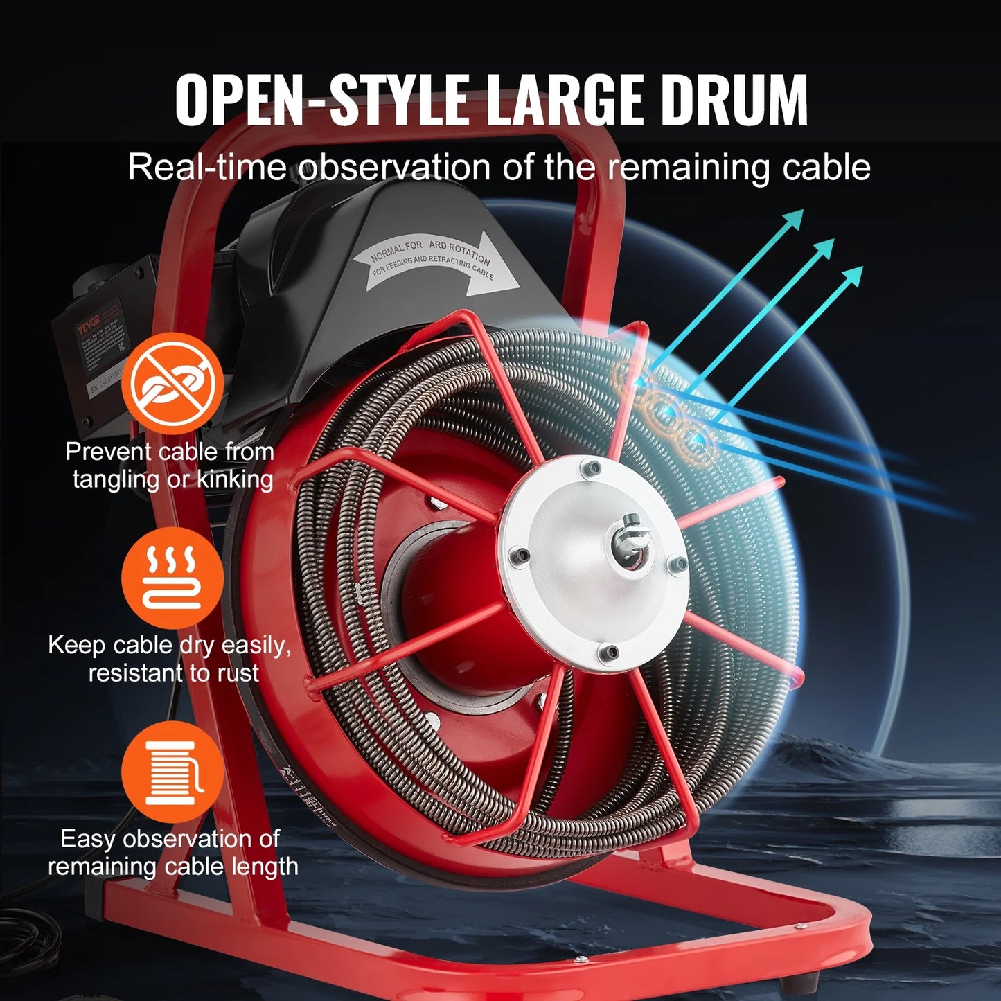 VEVOR Drain Cleaner Machine 50FT x 3/8 Inch, Sewer Snake Auger Manual Feed, 250W Electric Drain Cleaning Machine with 4 Cutters & Air-activated Foot Switch for 2" to 4" Pipes
