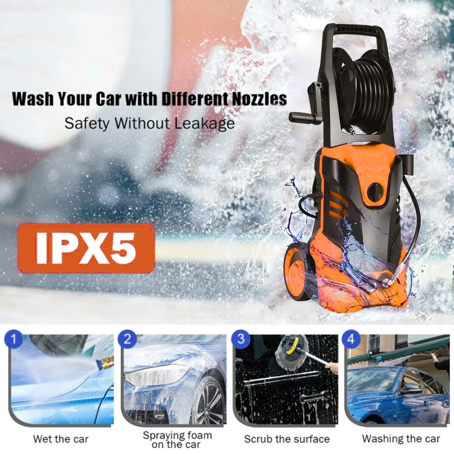 Electric Pressure Washer, 3800PSI 2.6 GPM Power Washer Machine with Hose Reel,4 Quick Connect Nozzles, Foam Cannon, for Cars, Patios, and Floor Cleaning,Orange