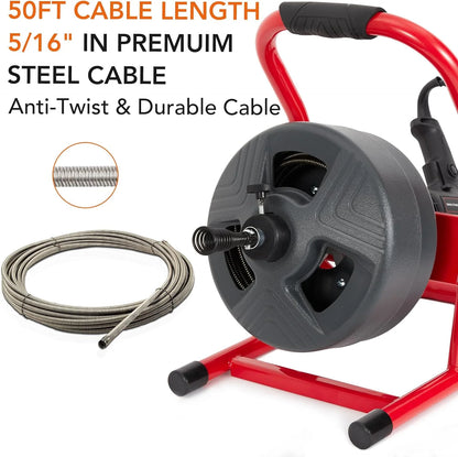 AOILE Drain Cleaning Machine 75Ft x 1/2 in, Electric Drain Auger for 2-4 Inch Pipes with Cutters & Glove