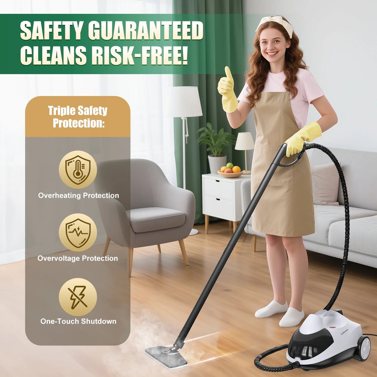 Loheer Steam Cleaner, 1500W Multipurpose Steamer for Cleaning with 15 Accessories, 2L Tank, Child Lock, Chemical-Free Cleaning, Steam Mop for Home, Car, and Furniture