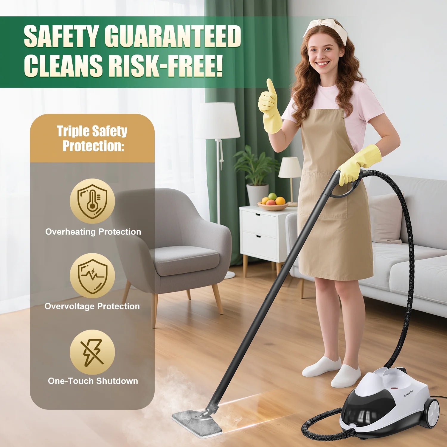 Loheer Steam Cleaner, 1500W Multipurpose Steamer for Cleaning with 15 Accessories, 2L Tank, Child Lock, Chemical-Free Cleaning, Steam Mop for Home, Car, and Furniture