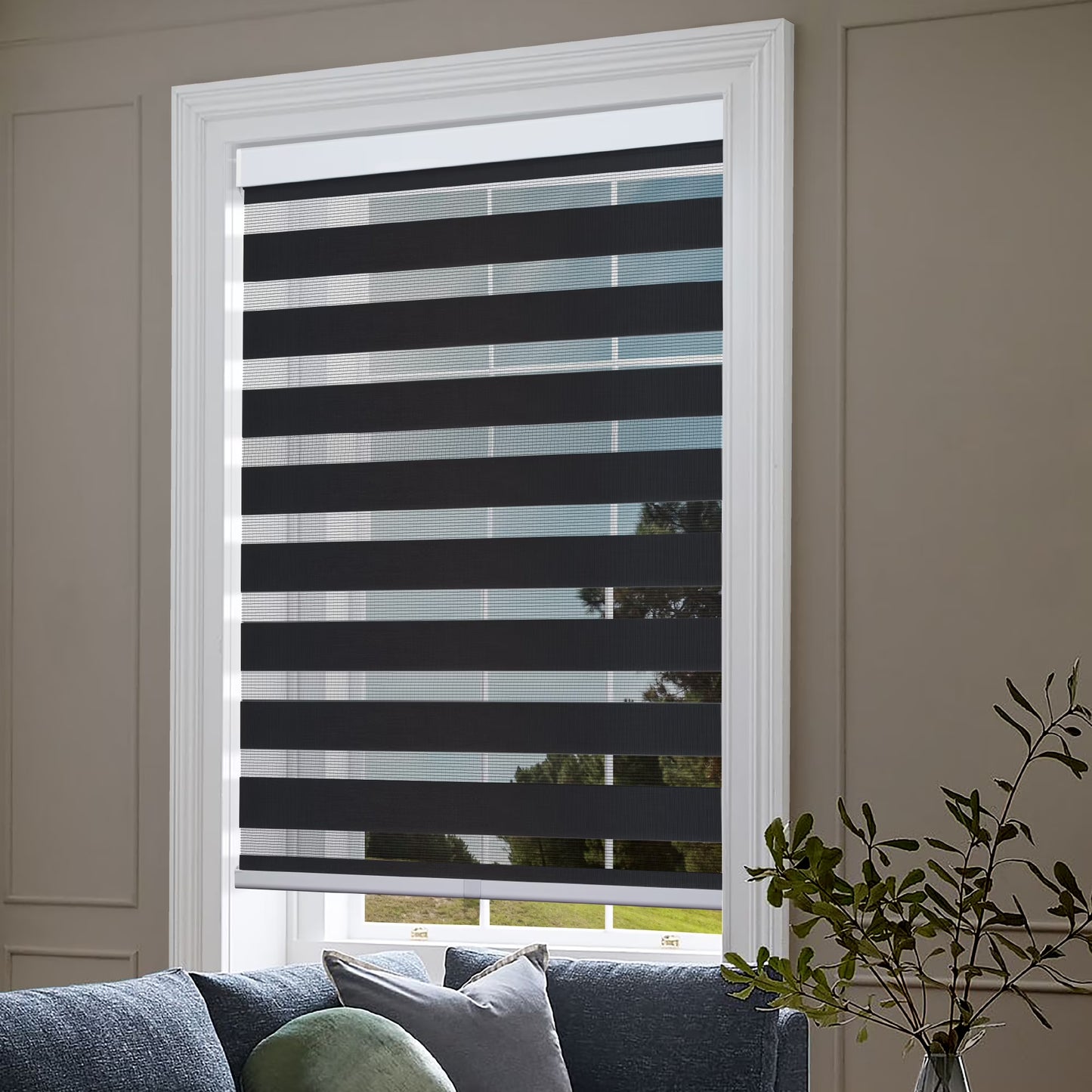 Zebra Cordless Window Blinds, Dual Layered Light Filtering Roller Shades, Easy Install Blinds, Indoor Home Decor, Pull-Down Shades for Windows, Light Control for Day & Night, Black, 22"W X 72"H