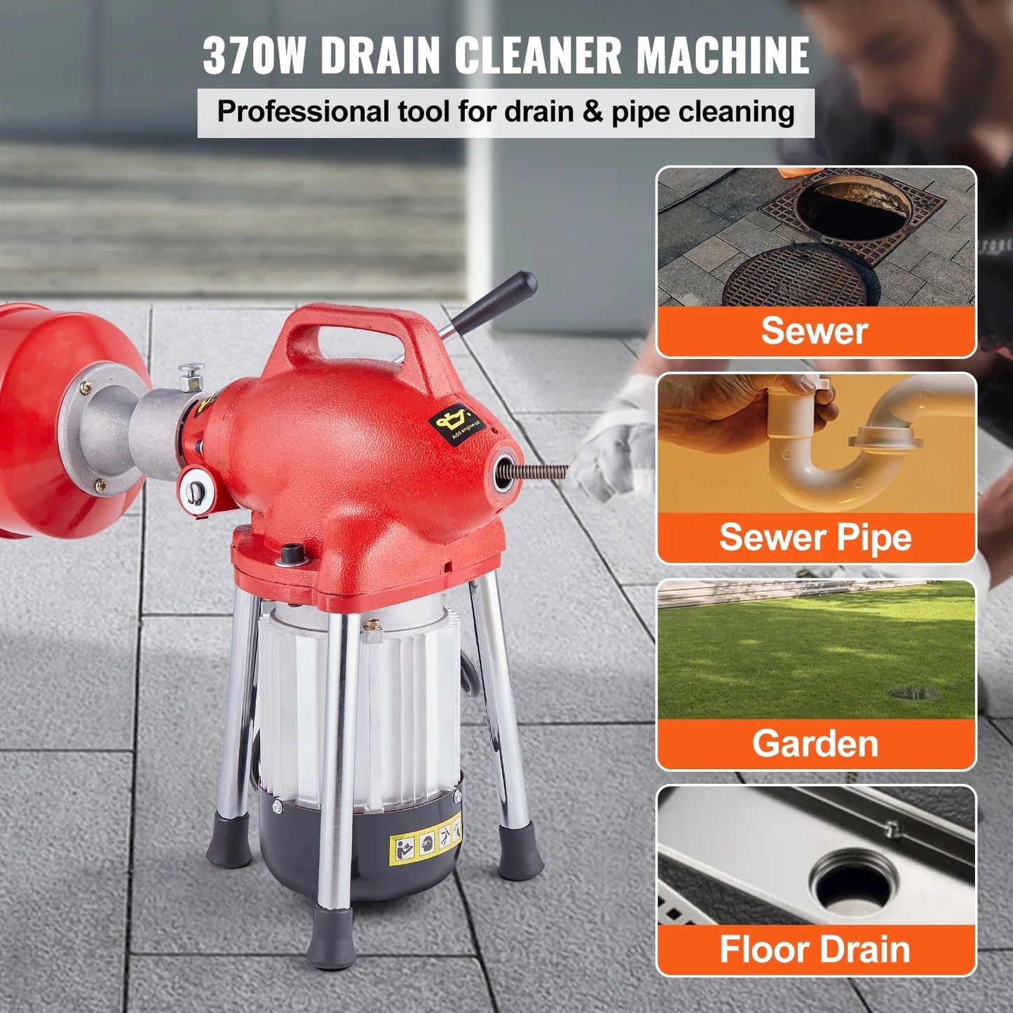 KFFKFF Electric Drain Cleaning Machine, 120FT x 5/8 Inch, 370W, Manual Operation - Includes 3 Steel Cables, 7 Cutting Heads, and Reversible Control for Pipes 1.6" to 4"