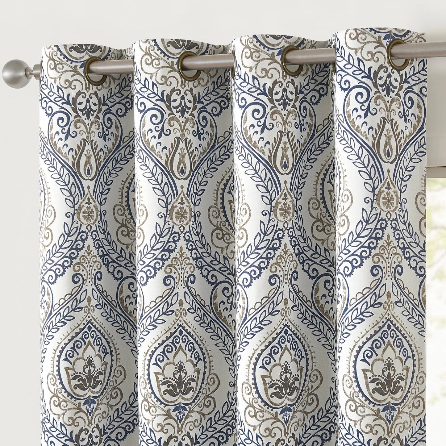 Curtainking 100% Blackout Curtains 84 in Blue Damask Medallion Window Curtains for Bedroom Grommet Thermal Insulated Drapes for Living Room Vintage Luxury Window Treatments Set 2 Panels
