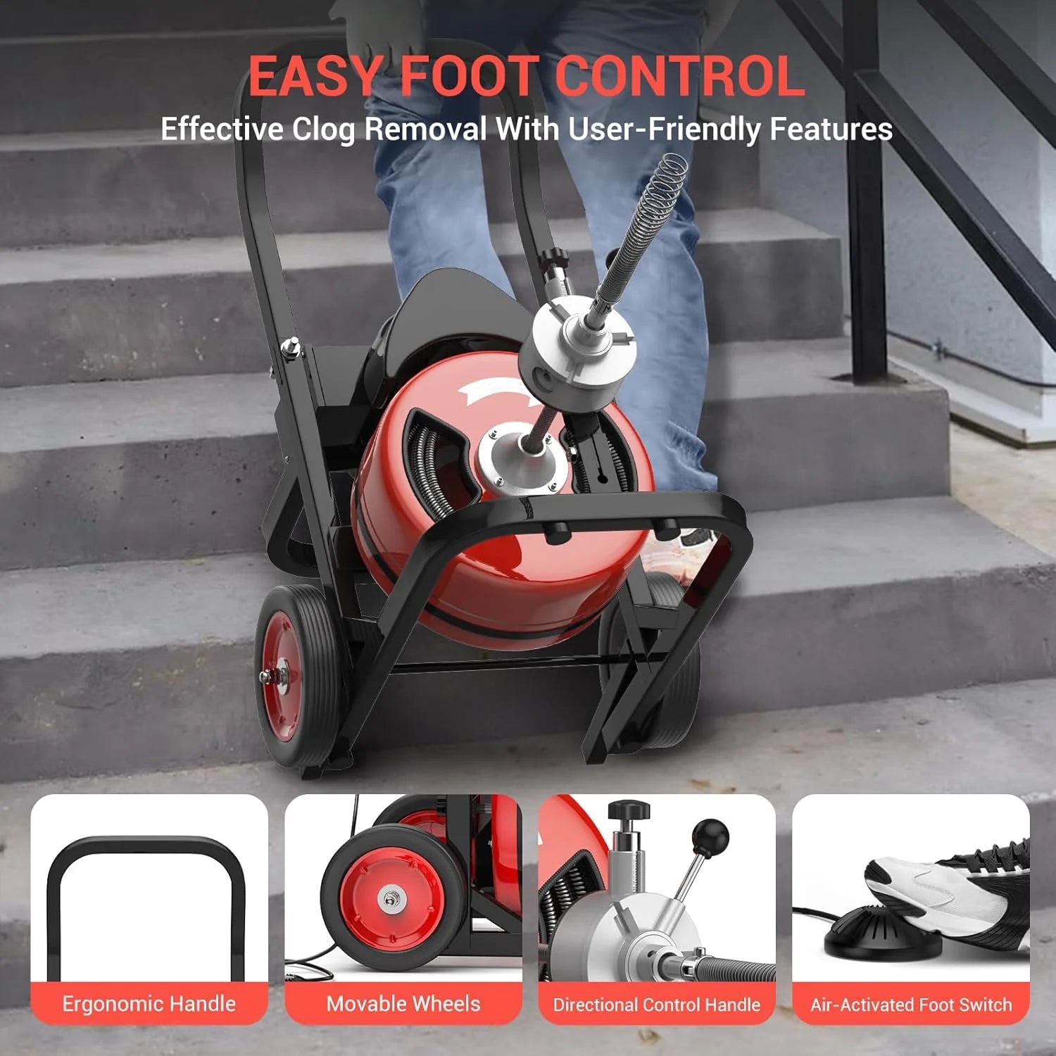 Roromall 75FT 100FT Electric Drain Cleaning Machine with 1/2-inch 3/4-inch Cable, 450W Auto Feed Portable Sewer Snake, Air-Activated Foot Switch, 4 Interchangeable Cutters for 2" to 4" Pipes