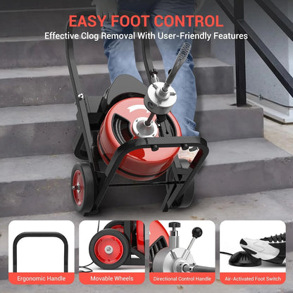 Roromall 75FT 100FT Electric Drain Cleaning Machine with 1/2-inch 3/4-inch Cable, 450W Auto Feed Portable Sewer Snake, Air-Activated Foot Switch, 4 Interchangeable Cutters for 2" to 4" Pipes