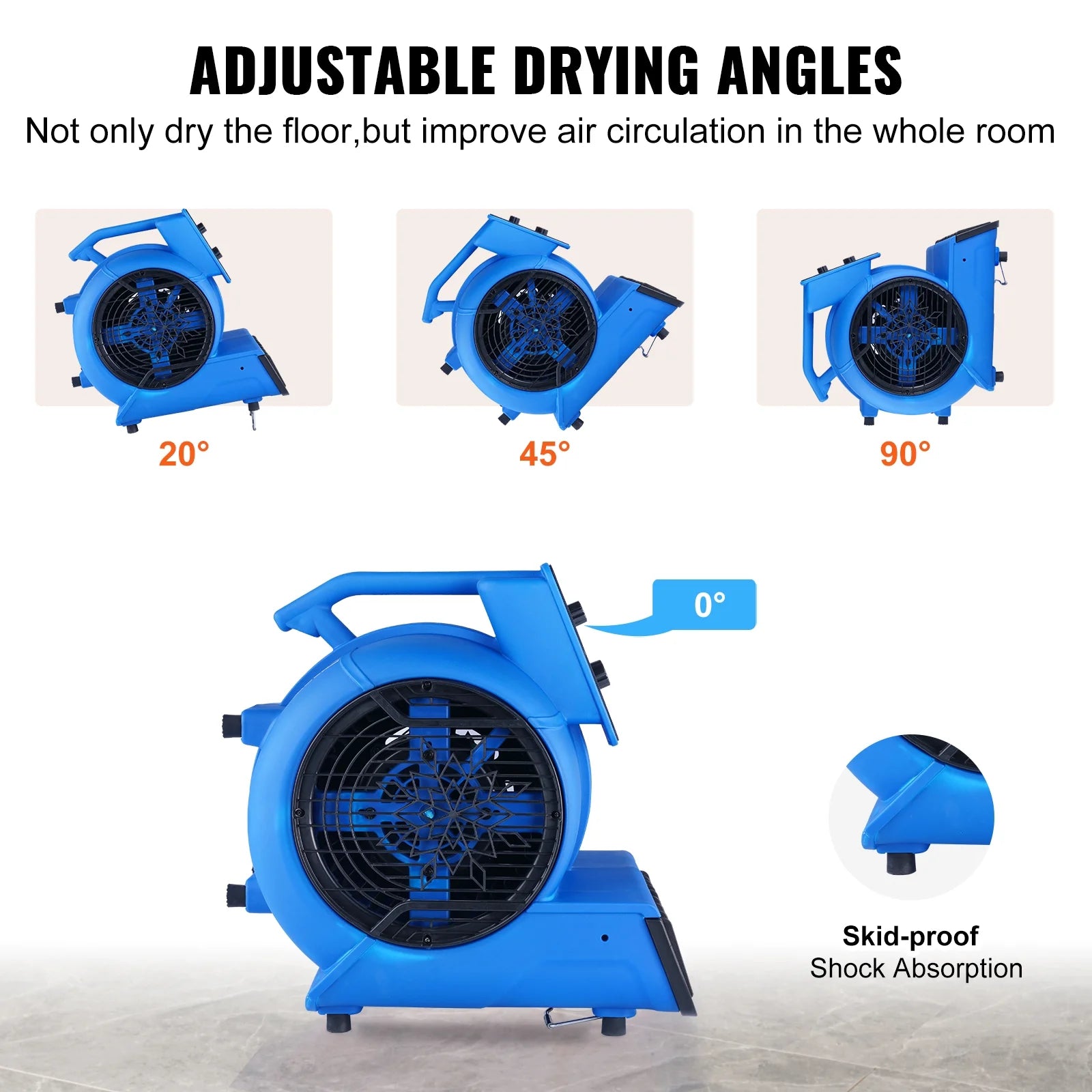 KFFKFF Ground Fan, 1/2 HP, 2600 CFM Air Circulator for Evaporation and Temperature Reduction, Compact Rug Drying Device with Quad Directional Airflow and Timer Feature, Suitable for Cleaning Services