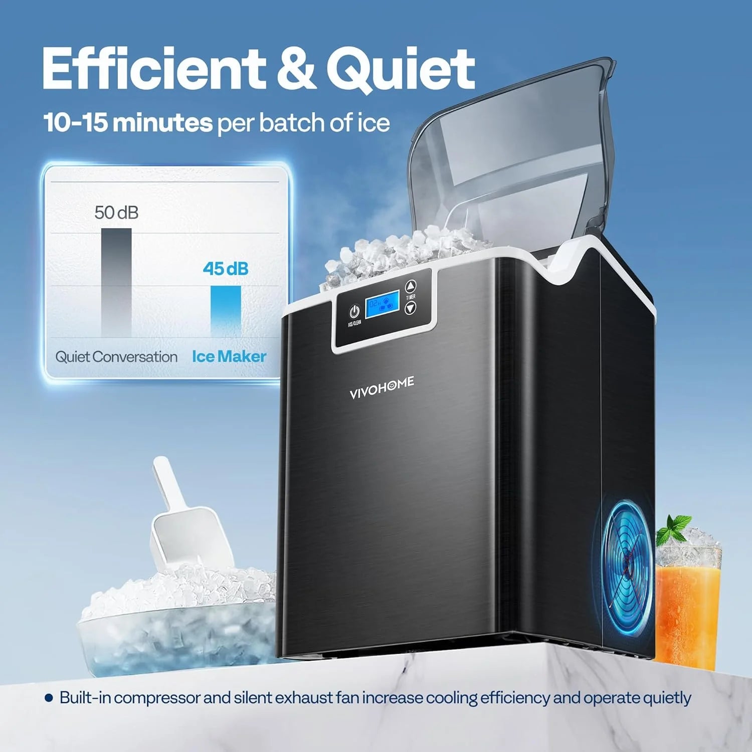 SPECSTAR Nugget Ice Maker Machine, Countertop Ice Maker with Hand Scoop 10 Ice Bags and Self Cleaning Function 44lbs/Day, Silver