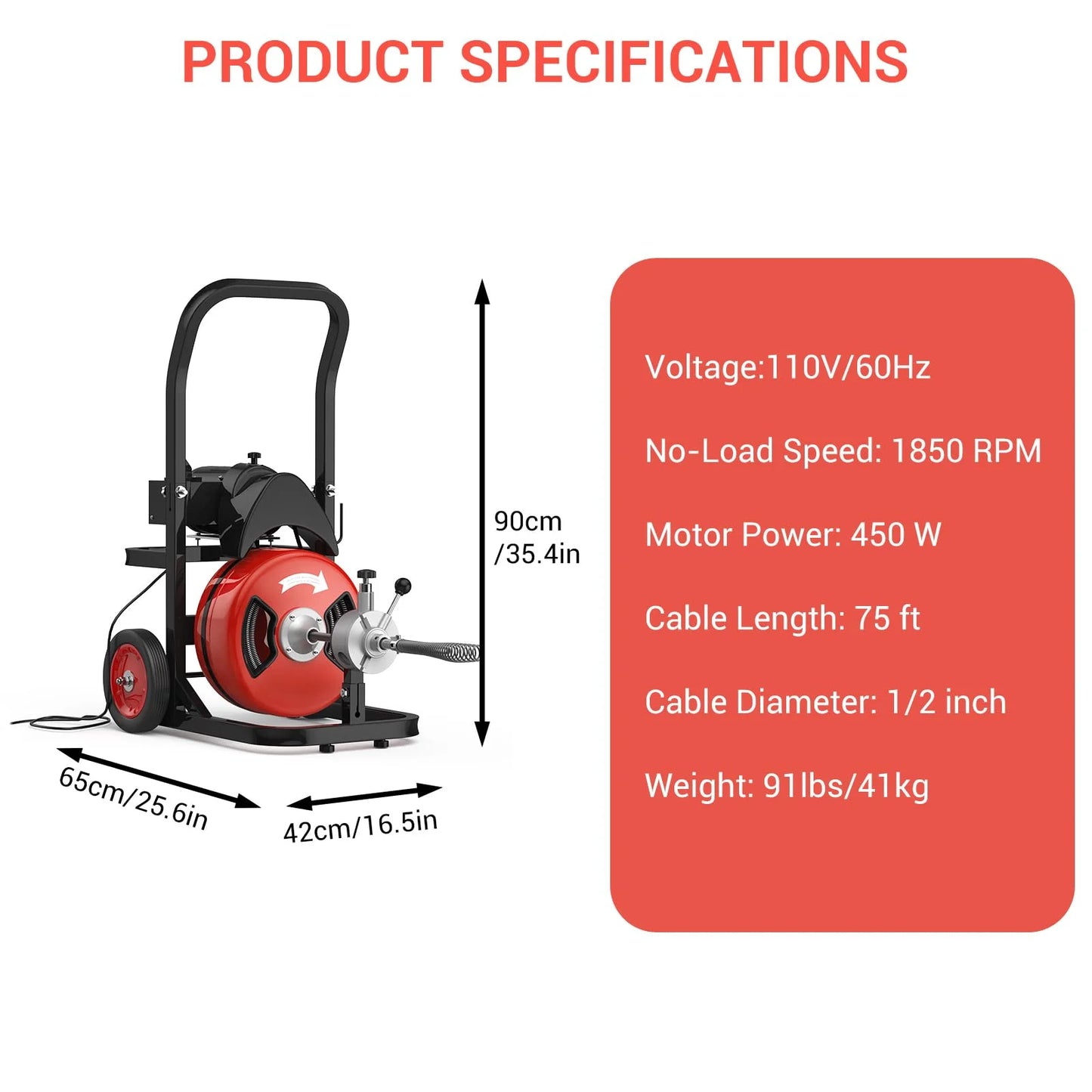 Ataucjin Drain Cleaner Machine,100Ft Drain Cleaning Machine,450W Auto Feed Sewer Snake Auger,Portable Electric Drain Auger Cleaner With 4 Cutter Air-Activated Foot Switch For 2" To 4" Pipes