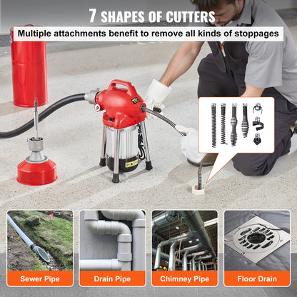 KFFKFF Electric Drain Cleaning Machine, 120FT x 5/8 Inch, 370W, Manual Operation - Includes 3 Steel Cables, 7 Cutting Heads, and Reversible Control for Pipes 1.6" to 4"