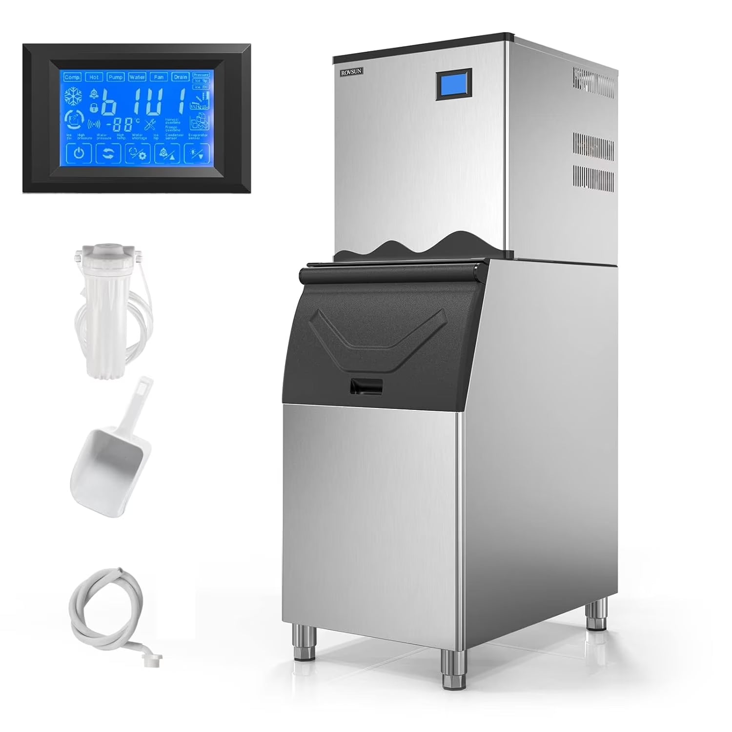 ROVSUN 400LBS/24H Commercial Ice Maker Machine, Commercial Ice Machine with LCD Touch Control Panel, Automatic Cleaning & 265LBS Storage Bin for Restaurant Bar Coffee Shop Home Supermarket
