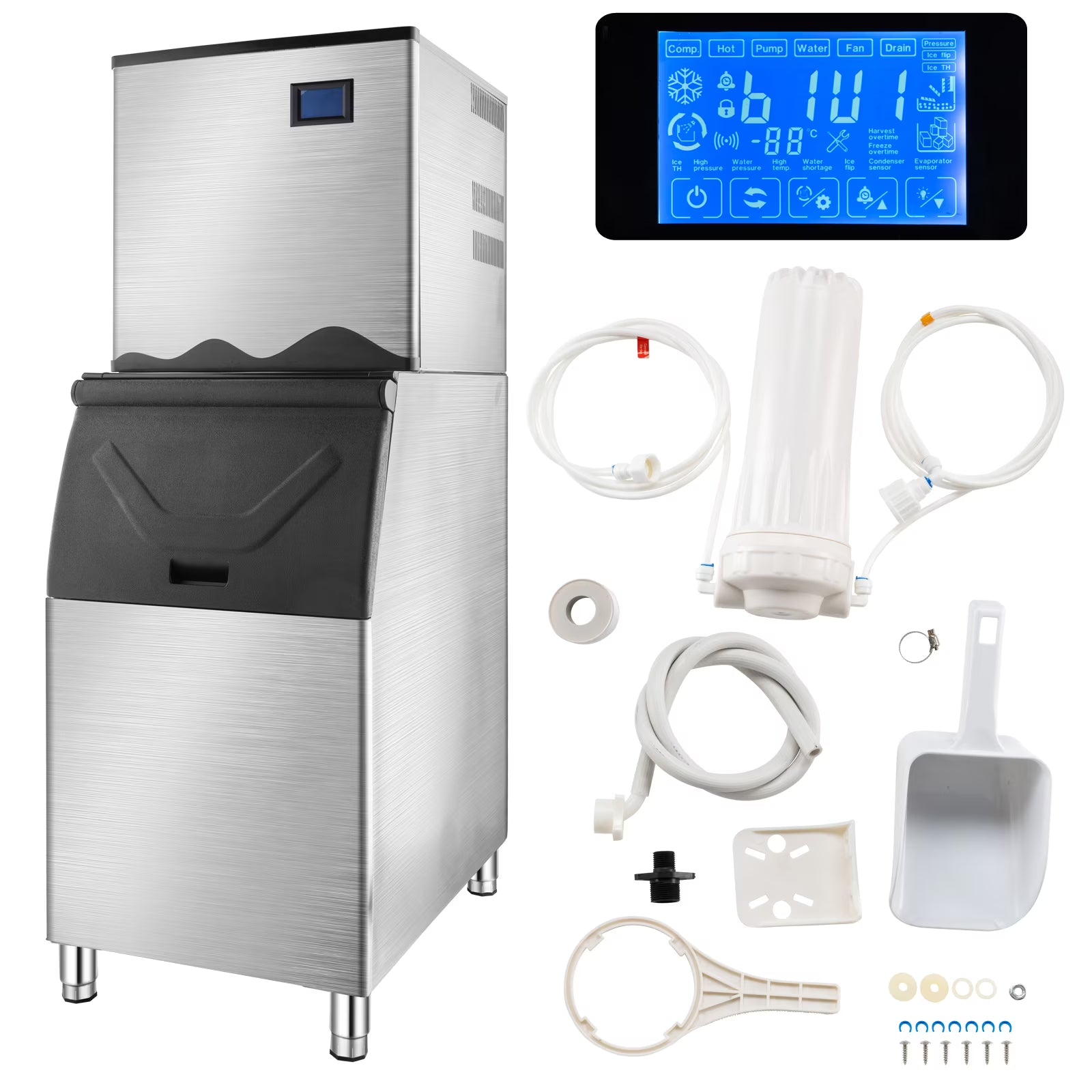 Ktaxon 550LBS/24H Commercial Ice Maker Machine & 300LBS Storage Bin, Commercial Ice Machine with LCD Touch Control Panel & Automatic Cleaning for Restaurant Bar Coffee Shop Home Supermarket