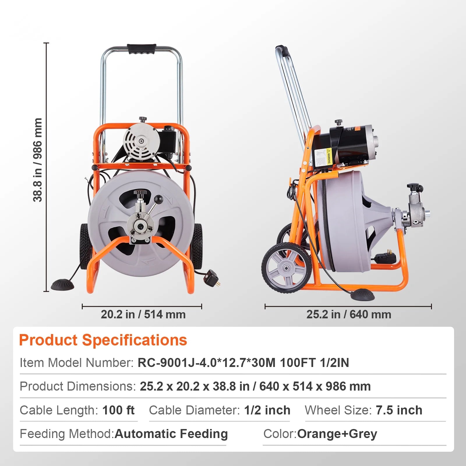 KFFKFF Drain Cleaning Machine, 100FT x 1/2 Inch, Self-feeding, Mobile Drain Auger with 8 Blades & Pneumatic Foot Pedal, Ideal for 2"-4" Pipes