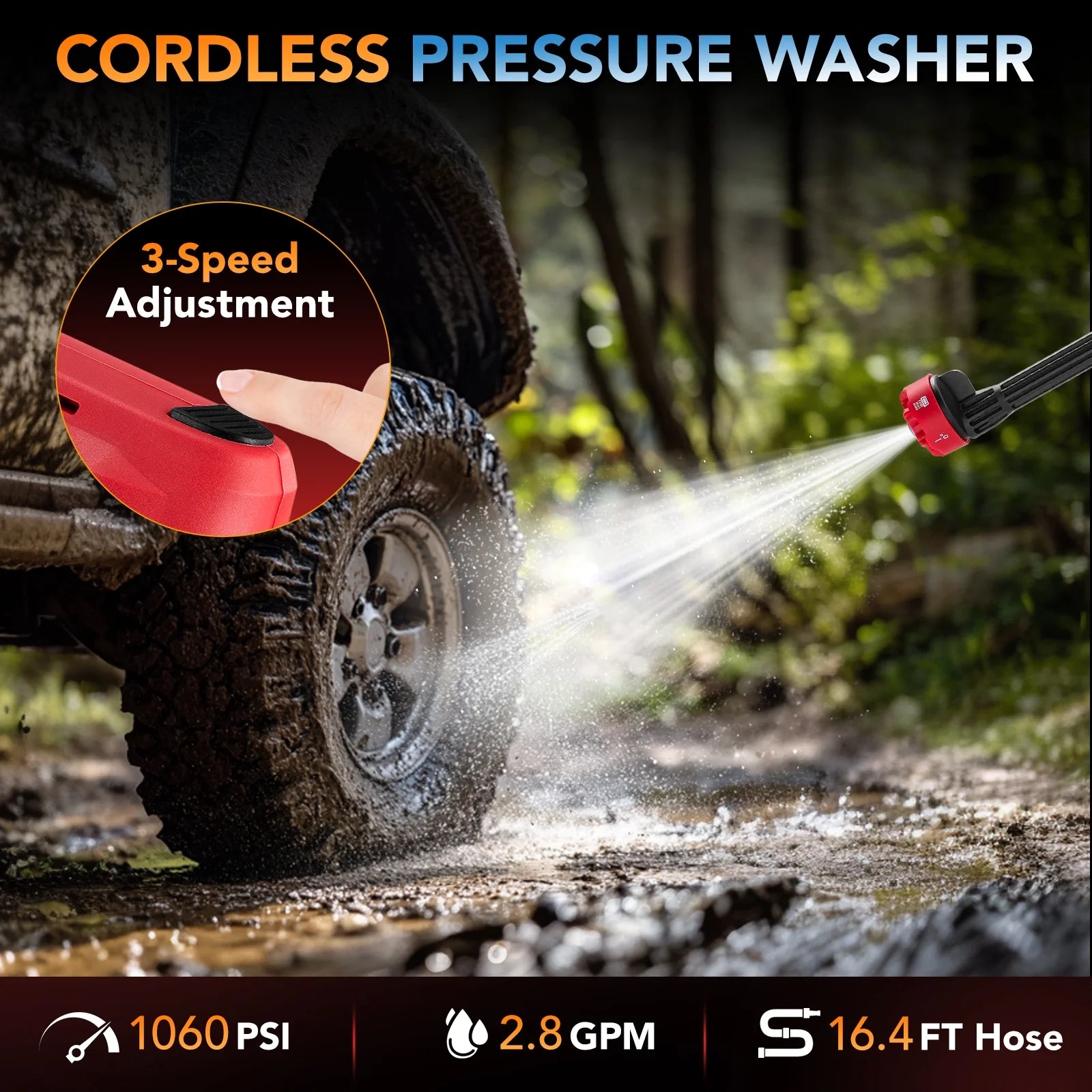 Filluck 1060PSI Cordless Pressure Washer, Portable Handheld High-Pressure Car Washer with 5.0Ah Long-Lasting Battery, 3-Speed Adjustable, 2.8GPM, 6-in-1 Nozzle for Car Cleaning/Garden/Floor