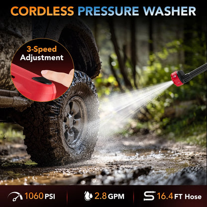 Filluck 1060PSI Cordless Pressure Washer, Portable Handheld High-Pressure Car Washer with 5.0Ah Long-Lasting Battery, 3-Speed Adjustable, 2.8GPM, 6-in-1 Nozzle for Car Cleaning/Garden/Floor