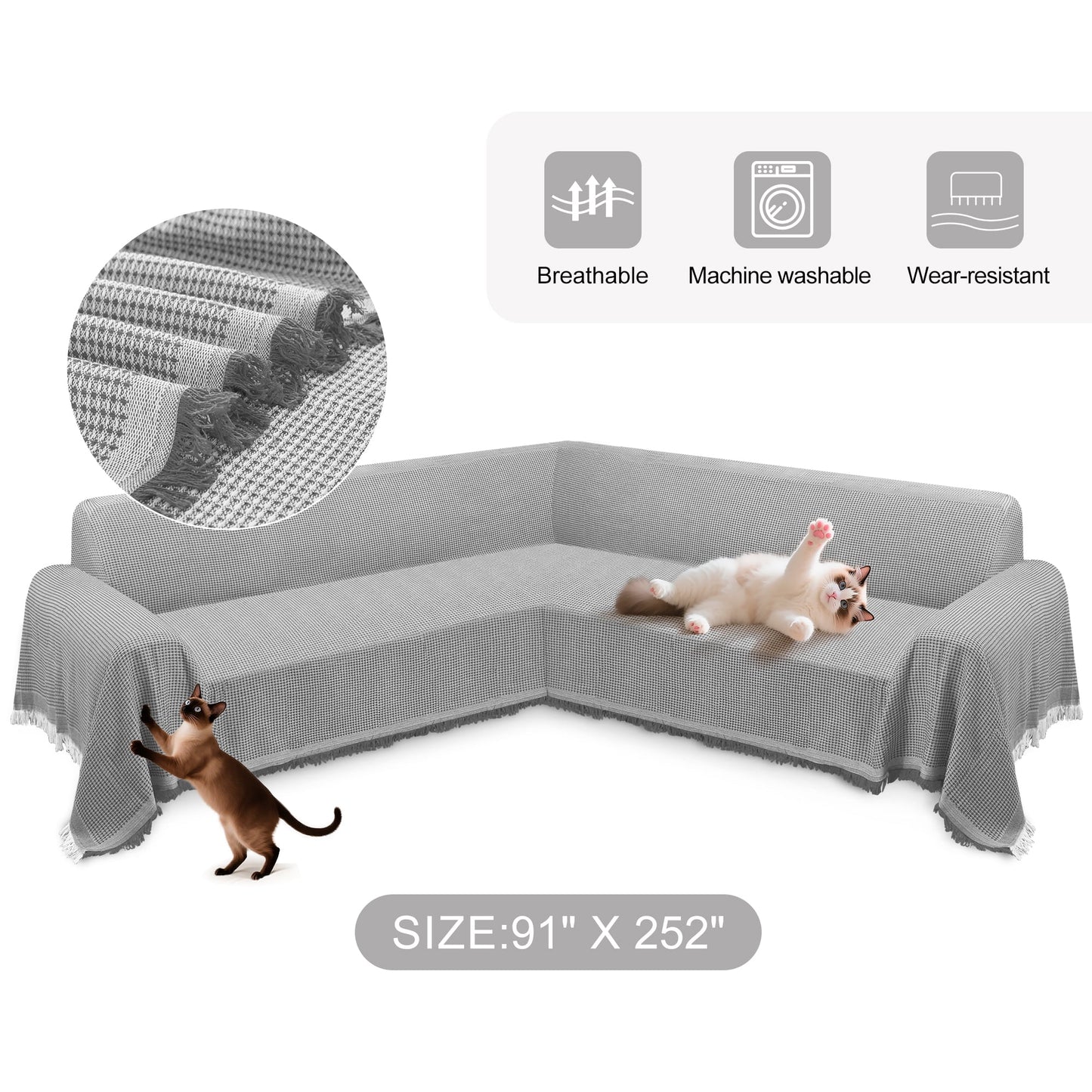 HDCAXKJ Washable L Shape Sofa Covers Reversible Sectional Couch Covers Corner Sofa Slipcovers Blankets Sofa Cover for Living Room Home Decor,91"x252",Gray