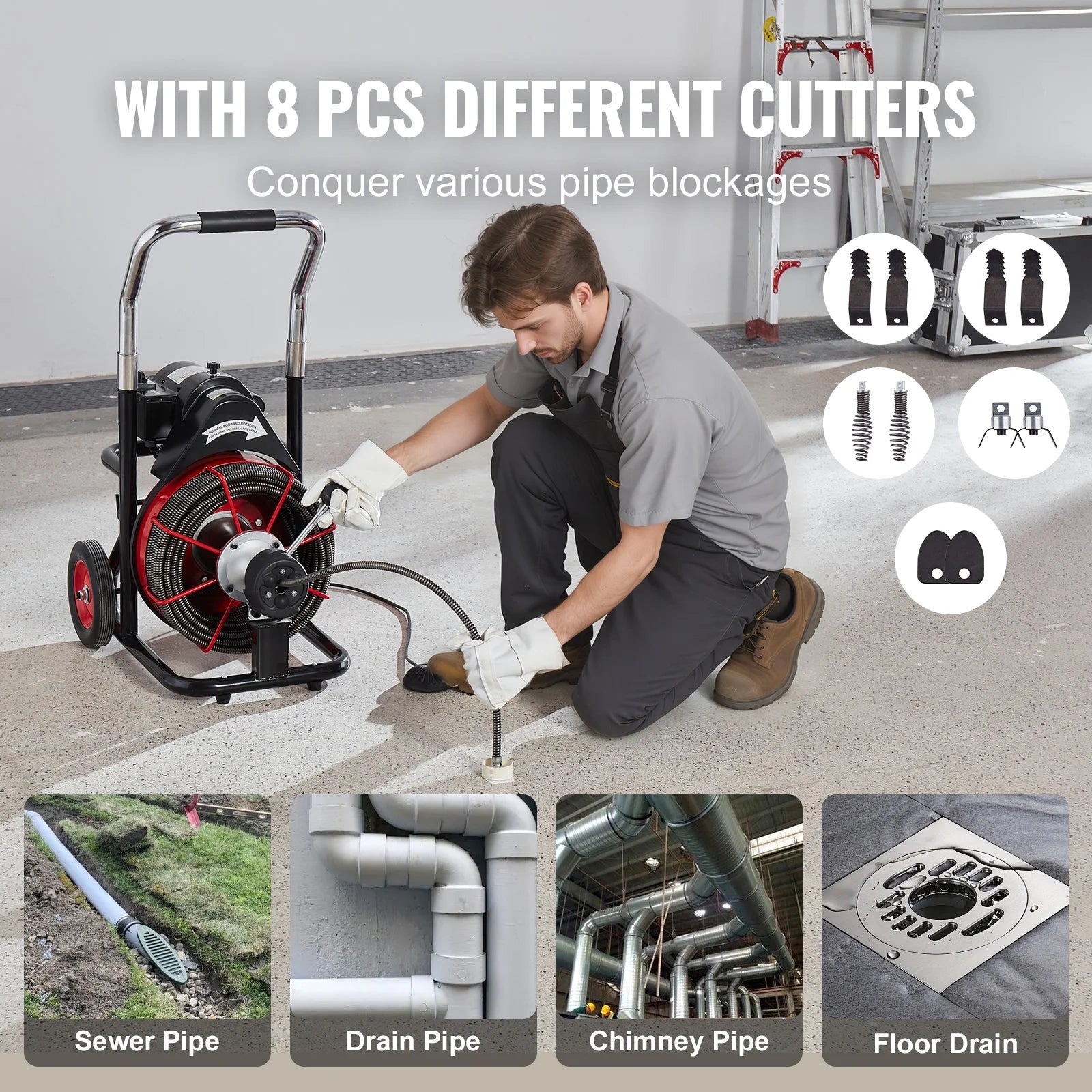 VEVOR Drain Cleaner Machine 100FT x 1/2 Inch, Auto Feed Sewer Snake Auger on Wheels, 550W Portable Drain Cleaning Machine with 8 Cutters & Air-activated Foot Switch for 2" to 4" Pipes