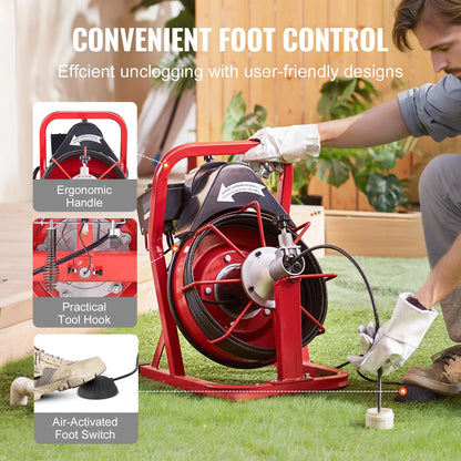 KFFKFF Drain Cleaning Machine, 50FT x 3/8 Inch, 250W Electric Drain Cleaner with Auto Feed, Includes 4 Cutters & Air-activated Foot Switch, Suitable for 2"-4" Pipes
