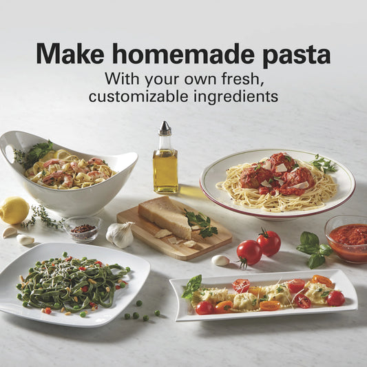 Hamilton Beach Electric Pasta Maker & Noodle Machine with 9 Adjustable Thickness Settings, Includes Spaghetti & Fettucine Cutter, Cutting Wheel, Cleaning Brush, Red